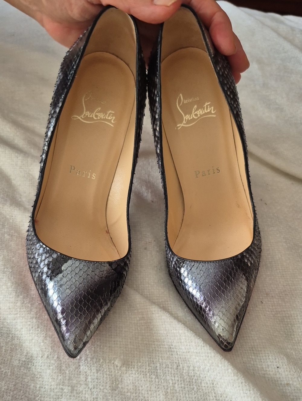 Christian Louboutin Iridescent Metallic Snakeskin Pointed Toe Pumps